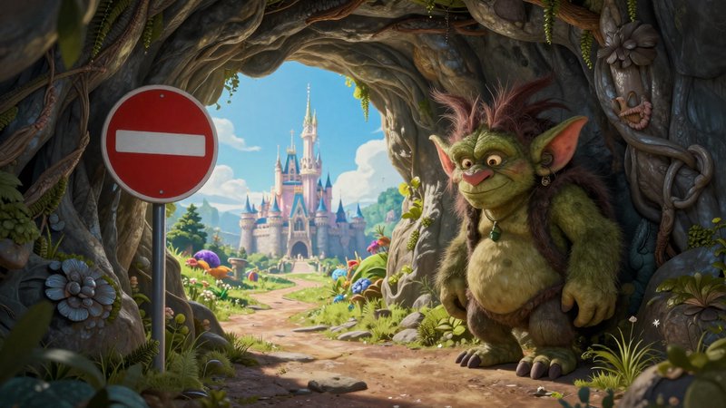 Friendly furry green troll stands in a gnarled cave entrance next to a no entry sign, looking out...