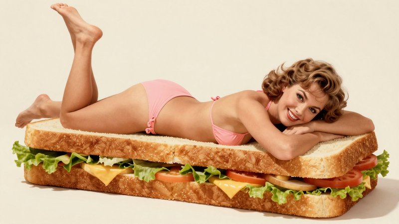 Cheerful retro pinup woman in a pink bikini lying across a giant loaded deli sandwich
