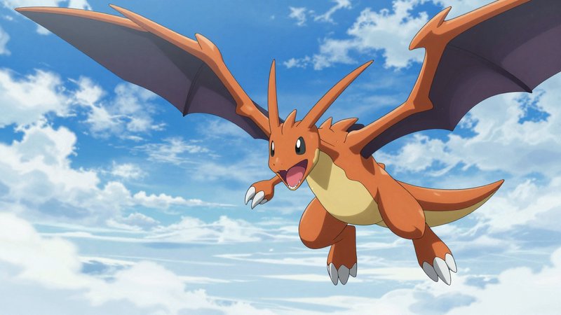 Orange winged dragon Pokemon soars with outstretched wings through a bright cloudy blue sky