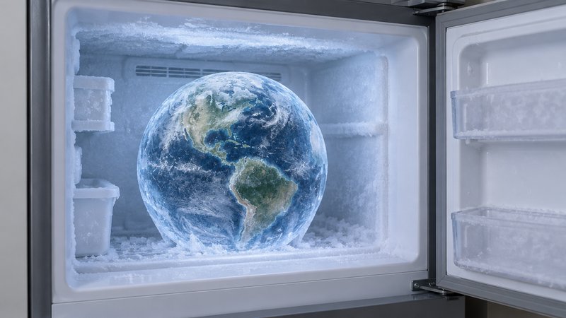 Frozen planet Earth sits inside an open, heavily frosted residential freezer