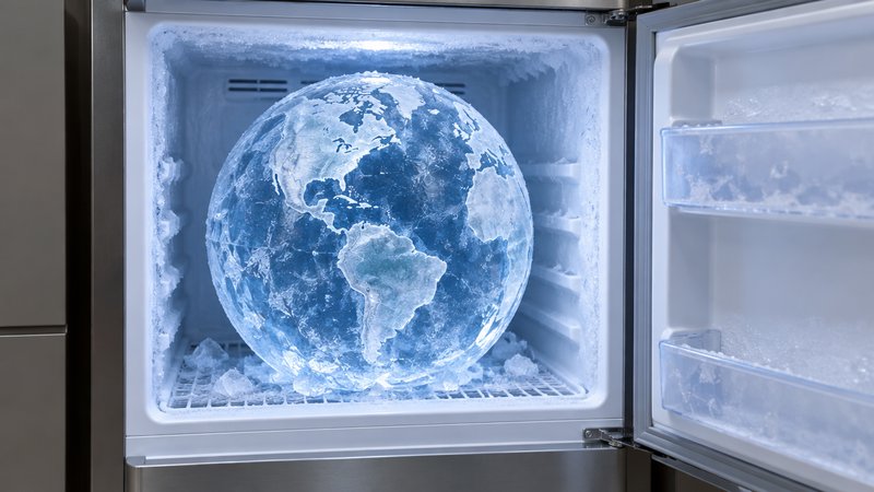 Carved ice globe of planet Earth sits inside an open, frost-covered household freezer