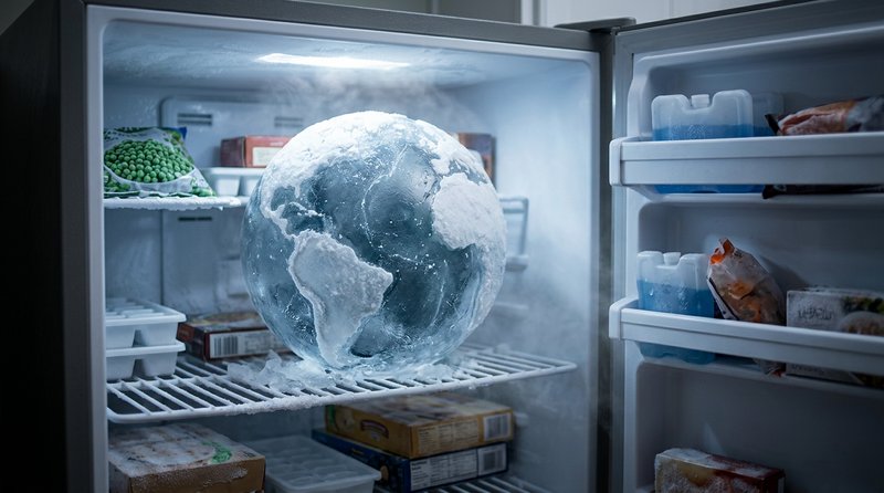 Carved frozen ice globe of planet Earth sits on a shelf inside an open frosty household freezer