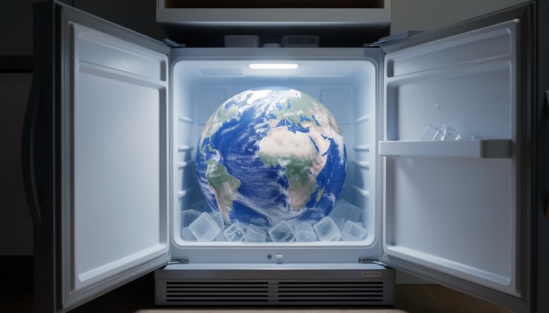 Planet Earth globe resting on ice cubes inside an open double-door refrigerator