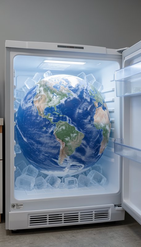Planet Earth globe surrounded by ice sits inside an open lit household refrigerator