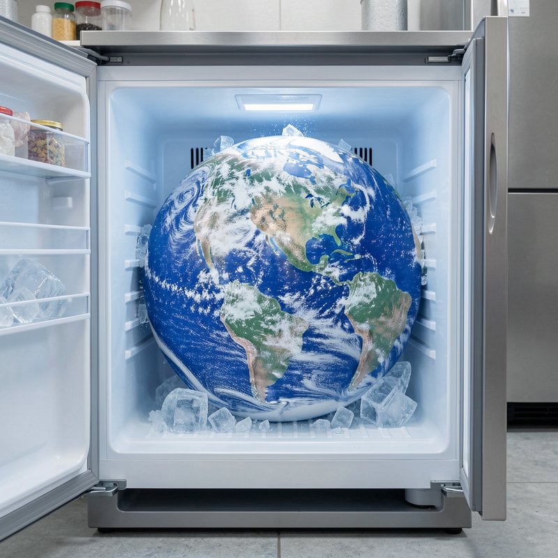 Planet Earth globe surrounded by ice inside an open under-counter refrigerator
