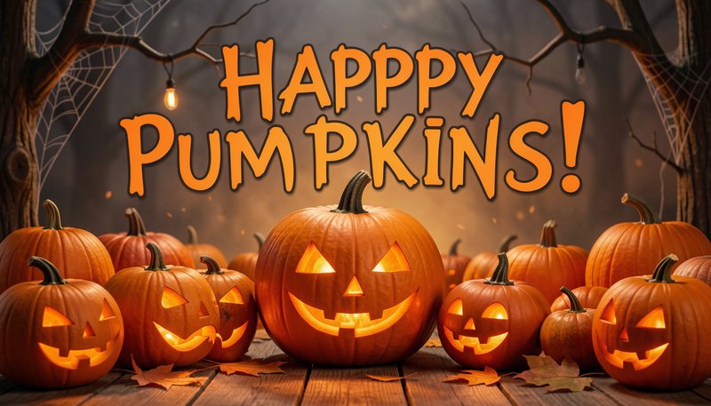 Glowing carved jack-o-lanterns sit on a wooden porch beneath playful "Happy Pumpkins!" Halloween ...