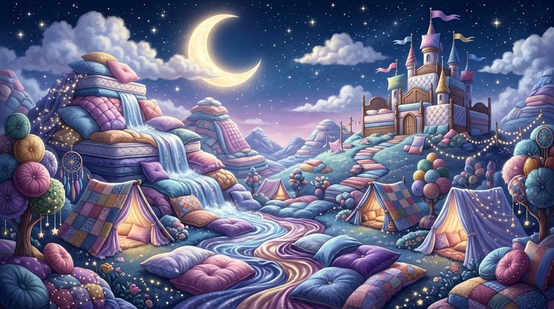 Whimsical slumber fantasy landscape with pillow mountains, patchwork tents, and a castle under a ...