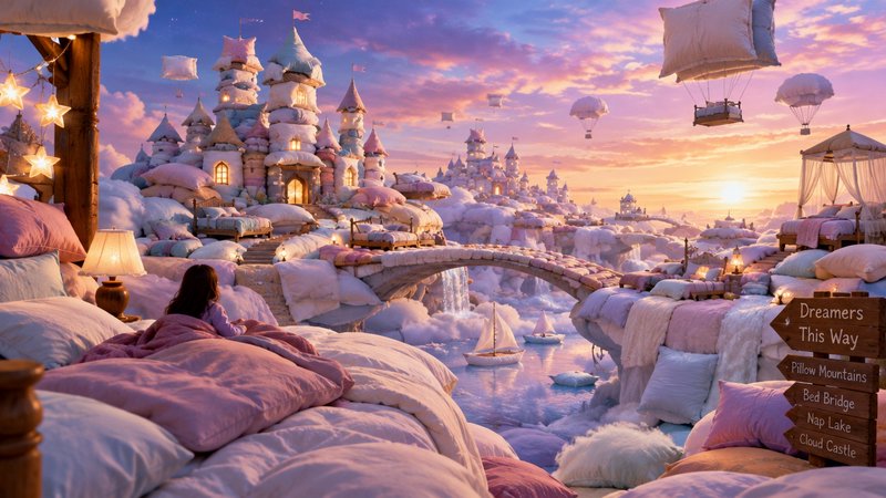A girl sits on a giant bed gazing at a whimsical pastel cloud castle dreamland at sunset