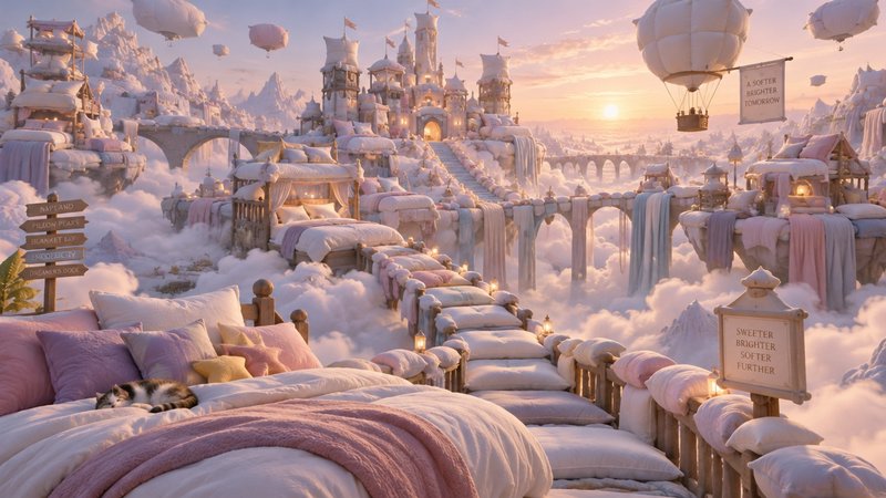 Whimsical dream landscape of floating beds, a fairytale castle, and hot air balloons above soft c...