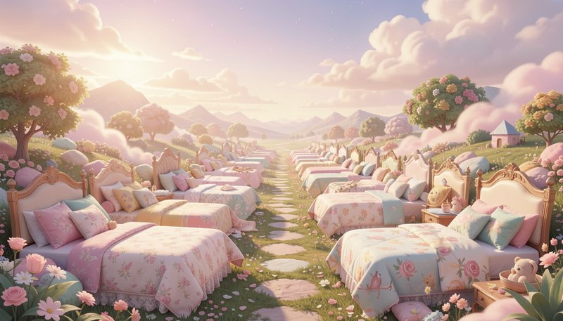 Rows of ornate pastel beds line a stone path through a dreamy flower-filled fantasy meadow at sun...