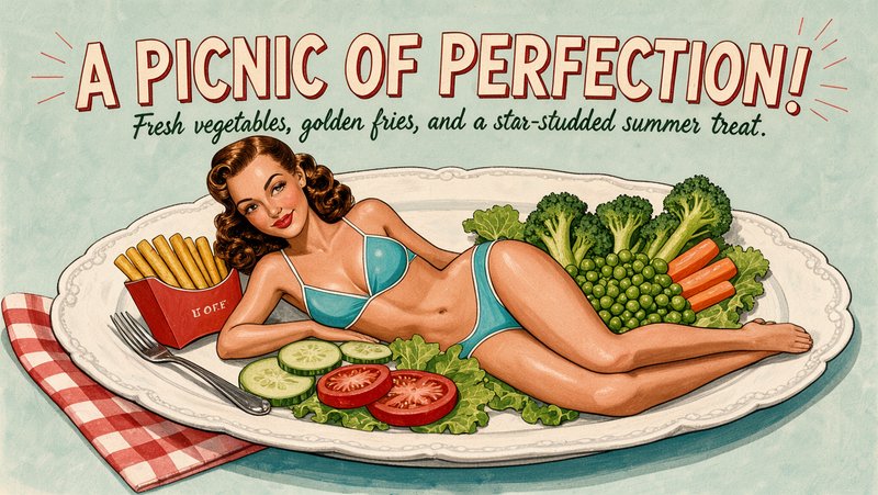 Retro 1950s pinup woman reclines on an ornate serving platter surrounded by picnic food and fresh...