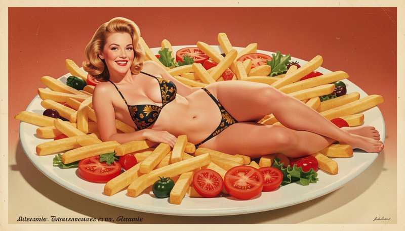 Smiling retro pinup woman reclines on a giant platter piled with french fries and fresh vegetables