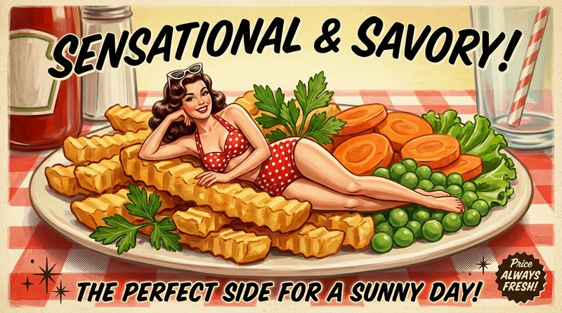 1950s style pinup woman lounging on a giant platter of fries in a playful vintage food ad