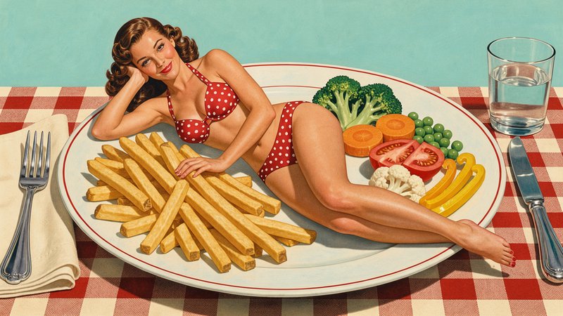 Retro pin-up woman in a red polka dot bikini reclines on a giant platter surrounded by food portions