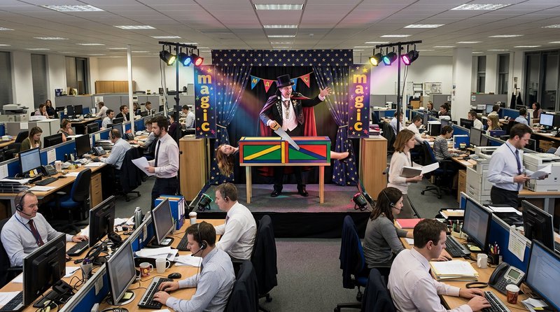 Magician performs a sawing in half illusion on a stage set inside a busy open plan office