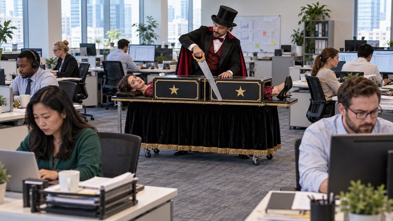 Magician performs a sawing magic trick while unphased office coworkers work around him in a moder...