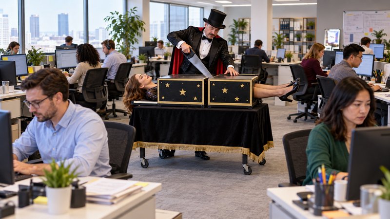 Magician performing a sawing woman in half magic trick in the middle of a busy open plan office