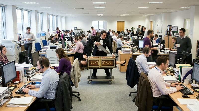 Comedic open plan office scene with a magician performing a sawing illusion on a rolling cart bet...