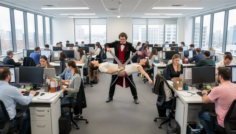 Magician performing a floating assistant illusion in the aisle of a busy modern open plan office