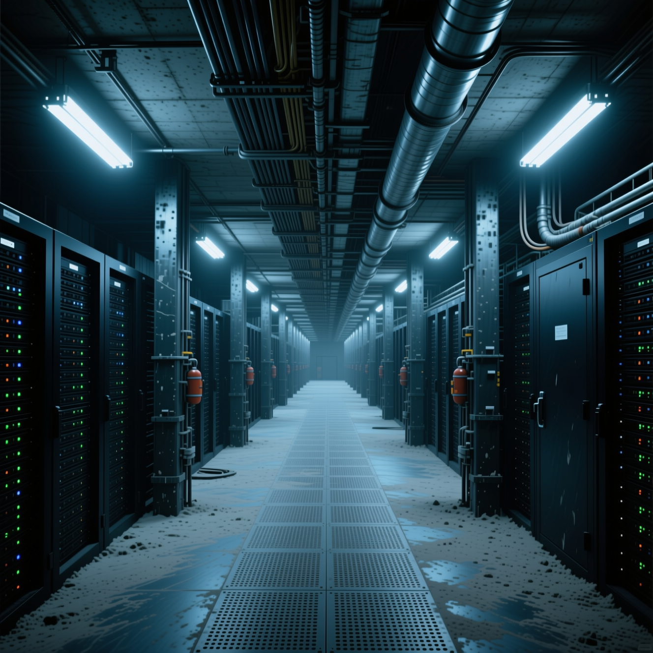 Long dimly lit data center corridor flanked by rows of server racks and exposed overhead piping
