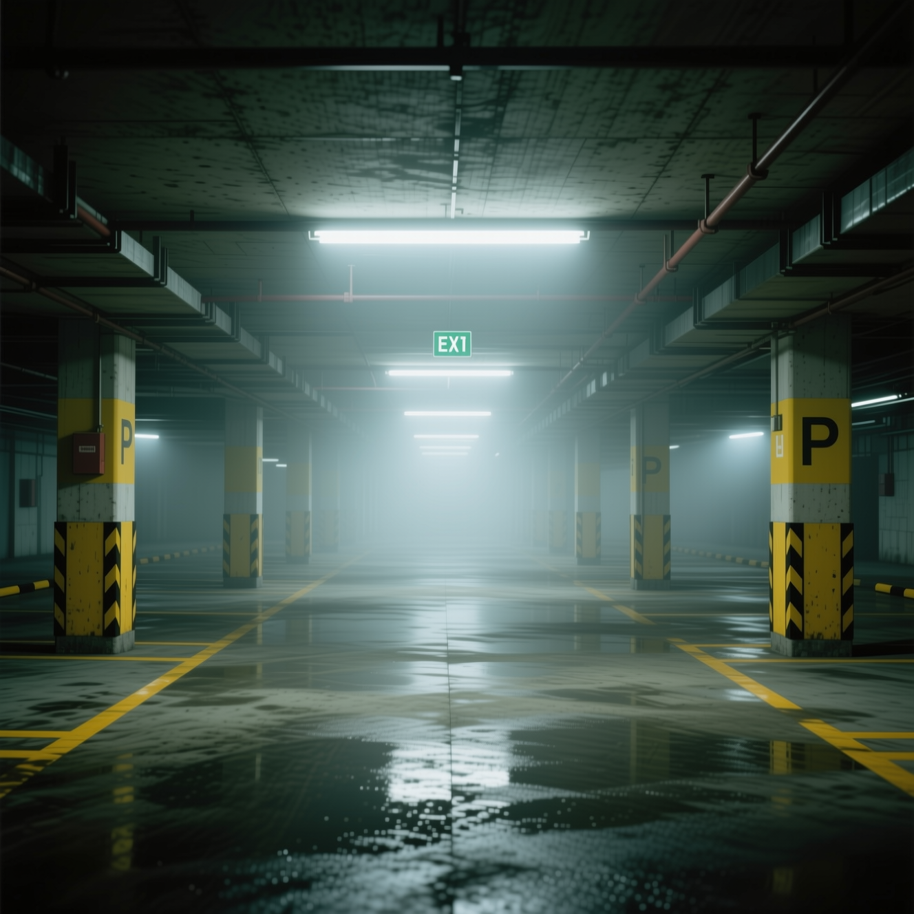 Foggy empty underground parking garage with wet reflective floors and glowing exit signage