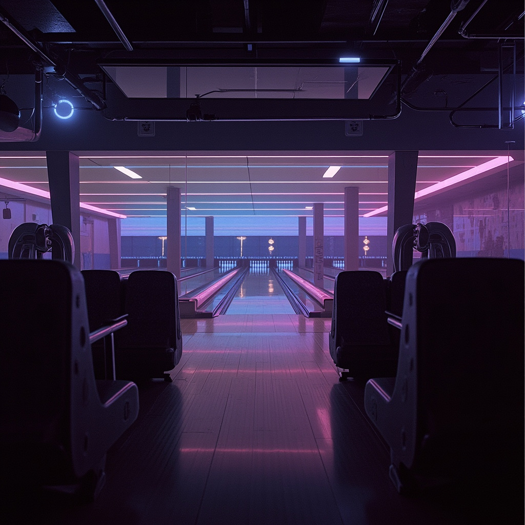 Empty retro neon-lit bowling alley viewed from the spectator seating area