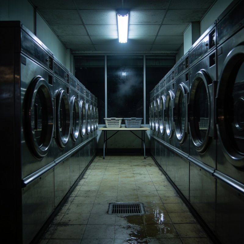 Dim eerie empty late-night laundromat, symmetrical rows of industrial stainless steel washers und...