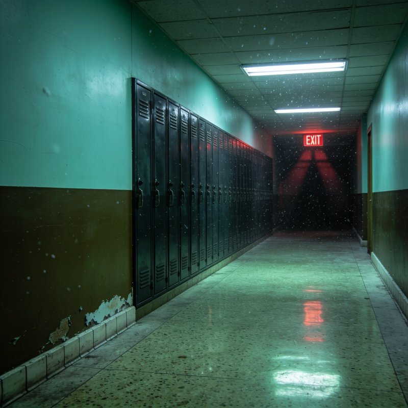 Empty decaying school hallway lined with black lockers, glowing red exit sign at the far end, coo...