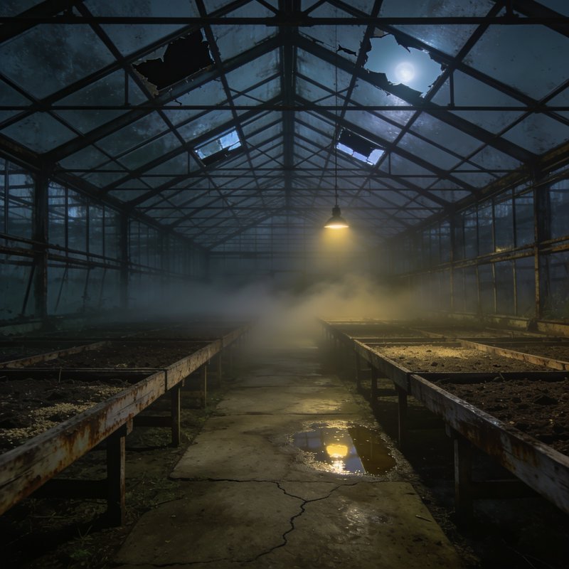 Foggy abandoned greenhouse interior at night, lit by one warm hanging lamp, broken roof panes rev...