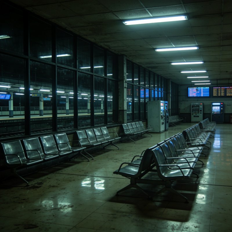 Empty dim late-night train station waiting hall with rows of vacant metal seats and glowing overh...