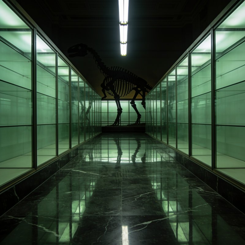 Silhouetted large dinosaur skeleton at the end of an empty glass-walled museum hallway with refle...