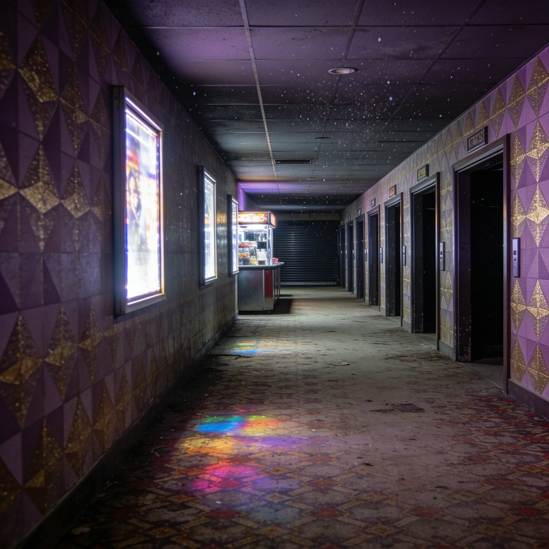 Abandoned retro movie theater hallway lined with purple geometric wallpaper, glowing poster frame...
