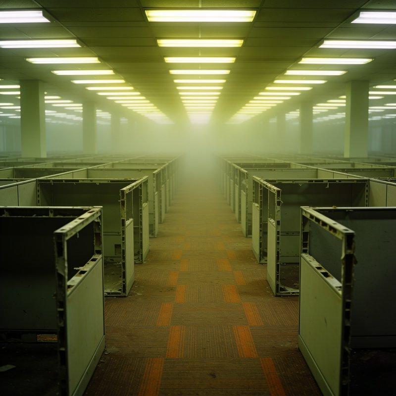 Fog-shrouded empty abandoned office with rows of gutted cubicles receding under glowing fluoresce...