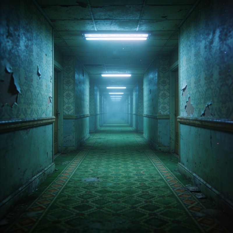 Long foggy dilapidated abandoned hallway with flickering fluorescent lights and peeling vintage w...