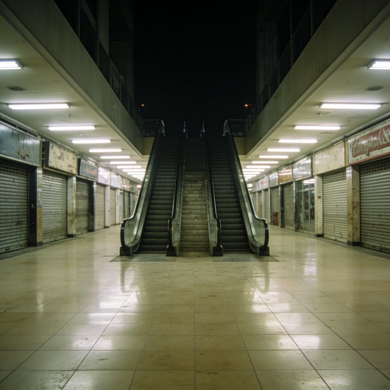 Wide shot of empty abandoned vintage mall, dual escalators leading to dark upper level, shuttered...