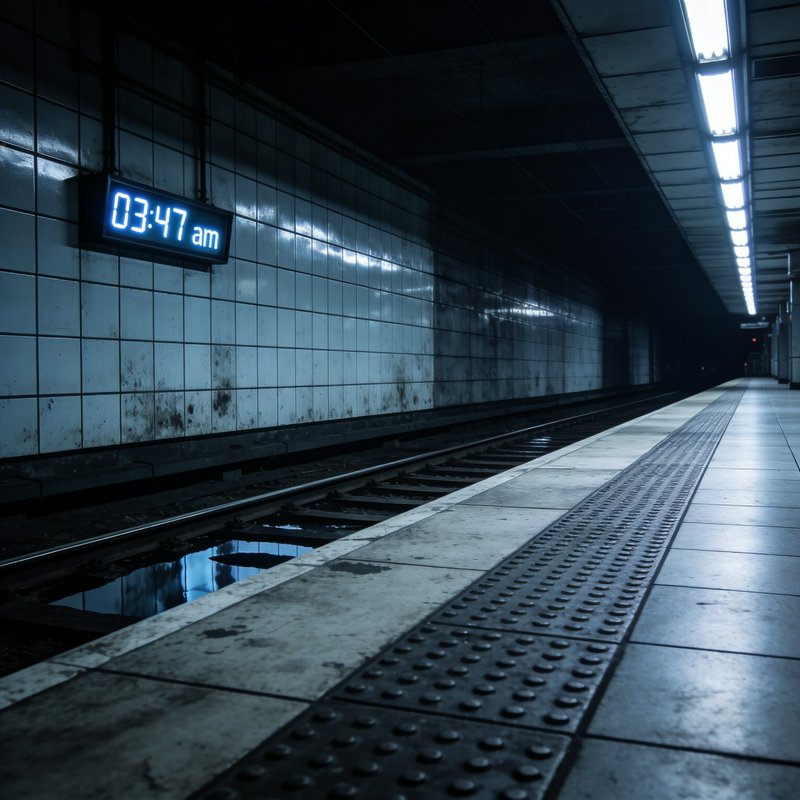 Deserted dim subway platform with glowing blue digital clock displaying 3:47am on tiled station wall