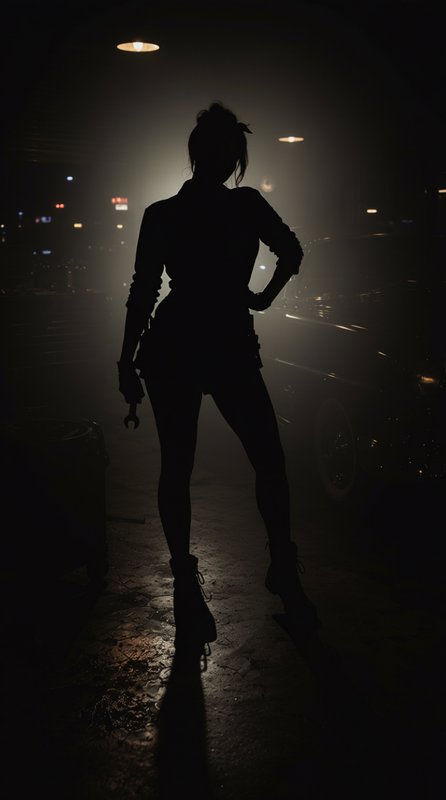 [Silhouette of a female mechanic holding a wrench standing in a dim foggy garage]