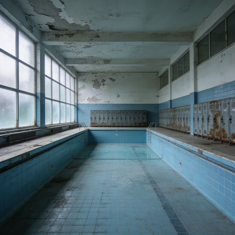 Abandoned indoor tiled swimming pool with peeling paint, rusted vintage lockers, and fogged large...