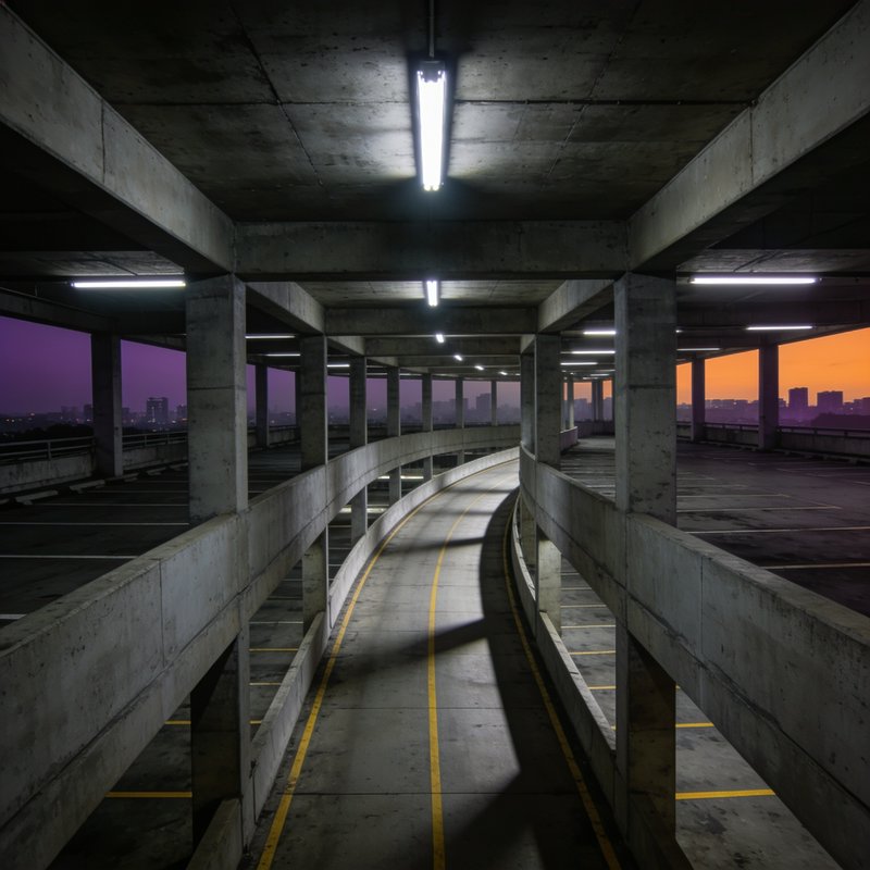 Curved empty concrete parking garage ramp at dusk, with fluorescent ceiling lights and gradient s...