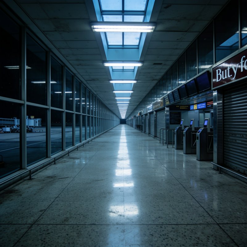 Empty dim airport terminal corridor at night, with linear fluorescent lights, tarmac view windows...