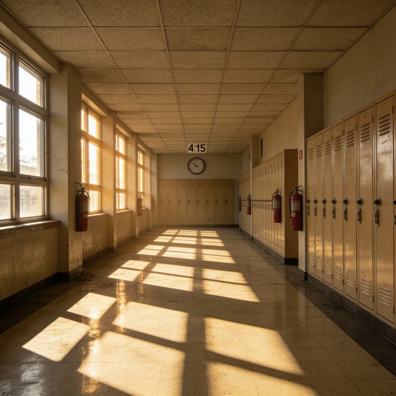 Empty sunlit high school hallway lined with beige lockers, warm golden afternoon window shadows, ...