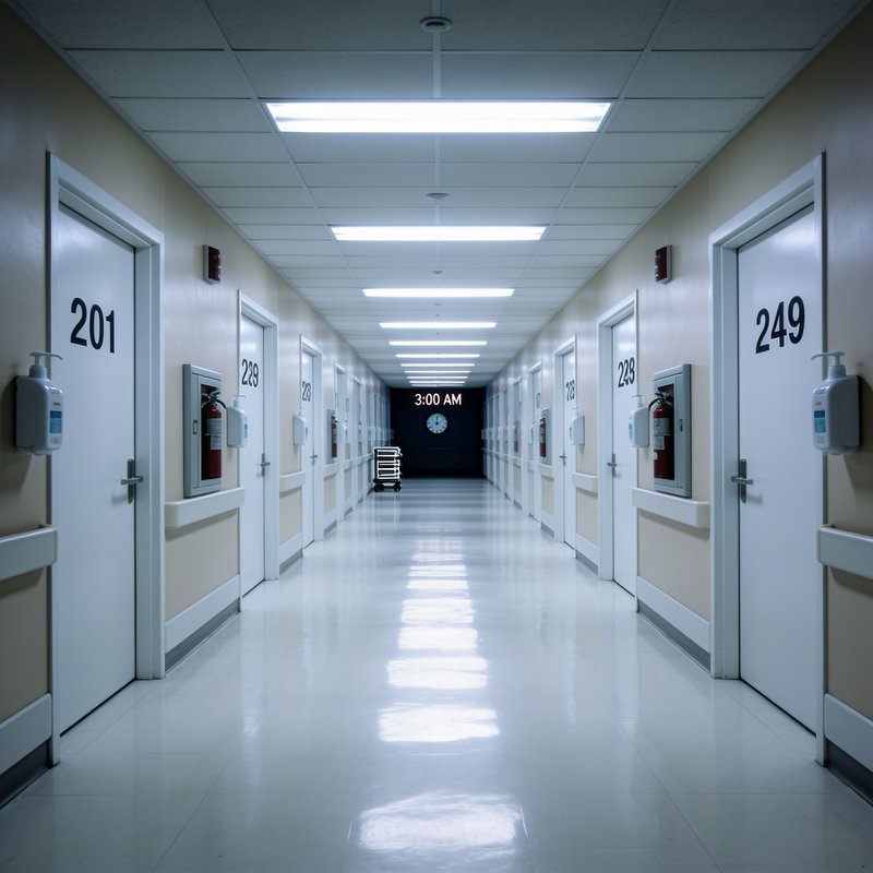 Symmetrical empty hospital hallway lit by fluorescent lights, lined with numbered patient doors, ...