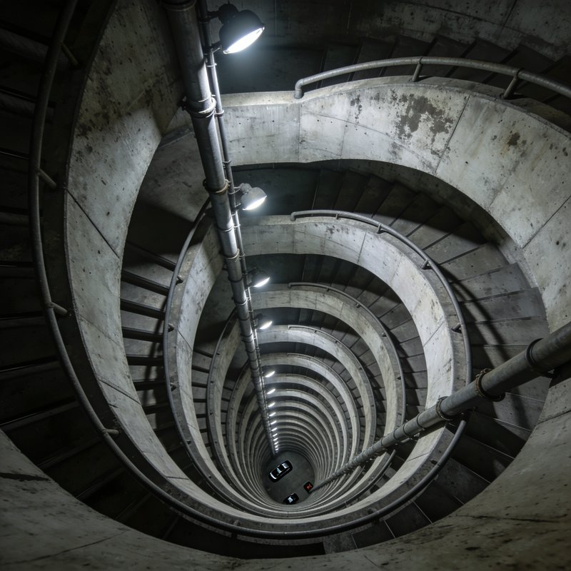High-angle downward view of a tall weathered concrete spiral parking ramp, with overhead lights l...