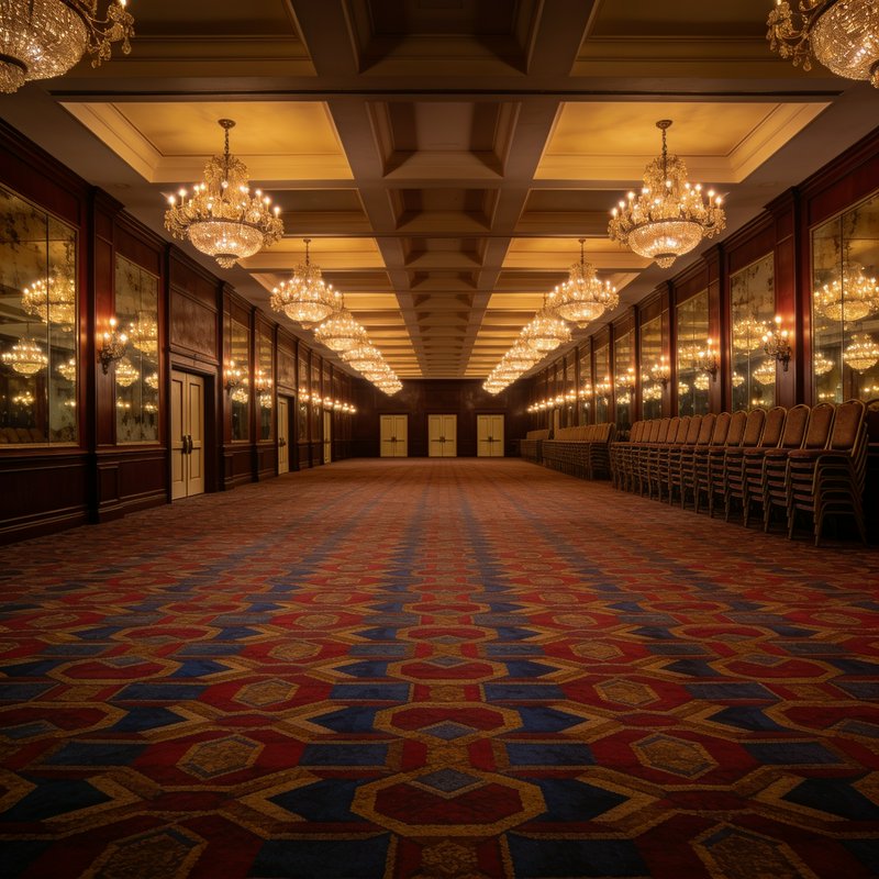 Empty opulent grand ballroom with rows of glowing crystal chandeliers, dark wood paneling, and or...