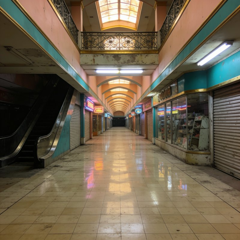 Empty vintage abandoned shopping mall corridor with closed storefronts, left-side escalator, and ...