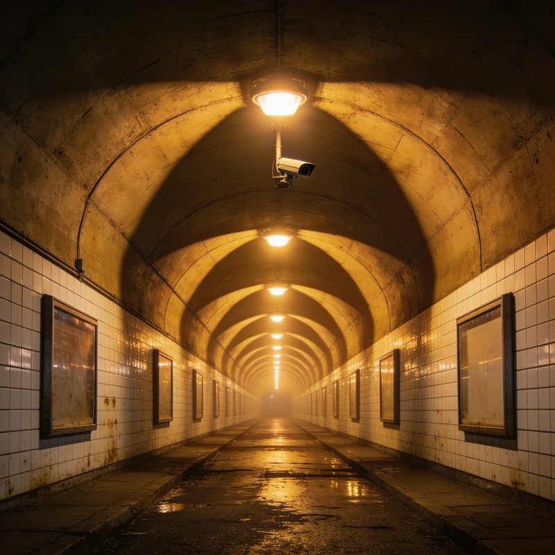 Long arched underground pedestrian tunnel lit by warm vintage overhead lamps, with a security cam...