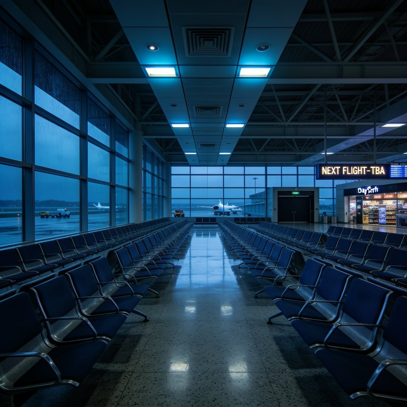 Empty quiet airport departure gate waiting area at rainy twilight, overlooking airfield tarmac th...