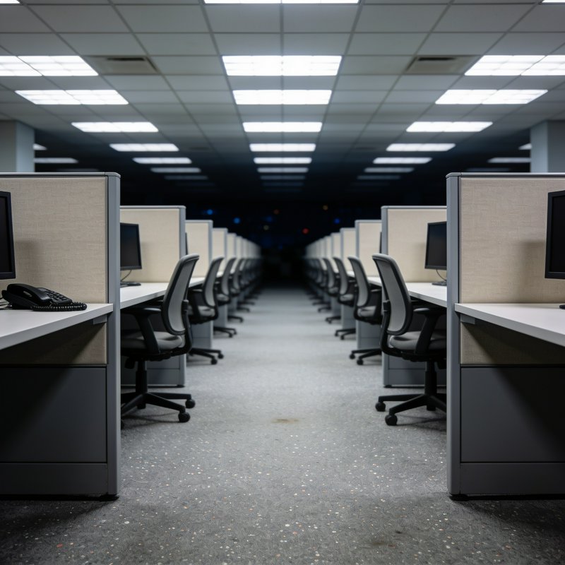Symmetrical view of empty, identical office cubicle rows stretching down a fluorescent lit corpor...