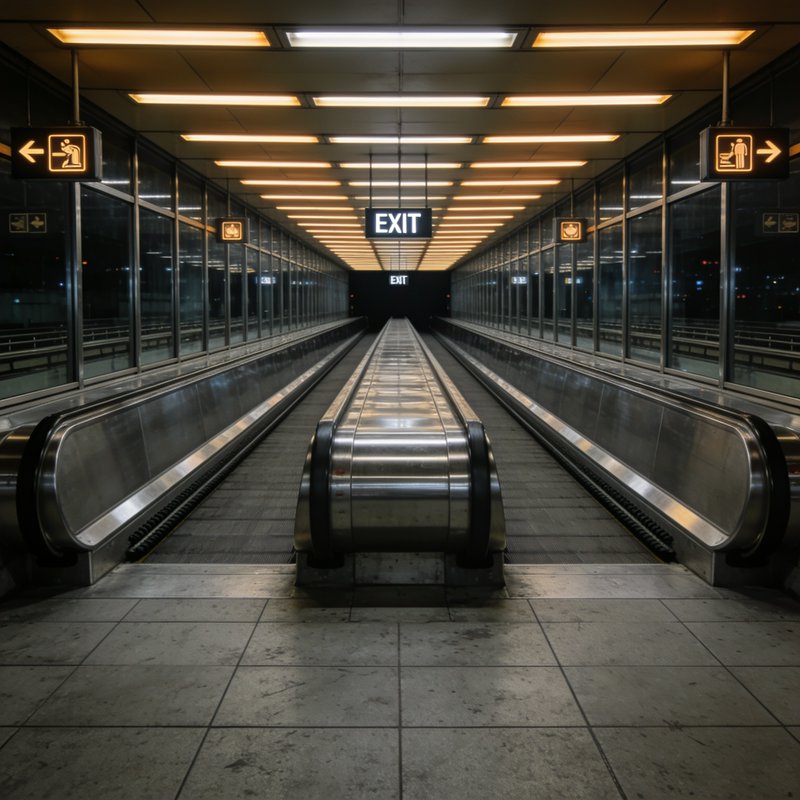 Empty airport moving walkway corridor with warm linear overhead lights and illuminated exit signs...
