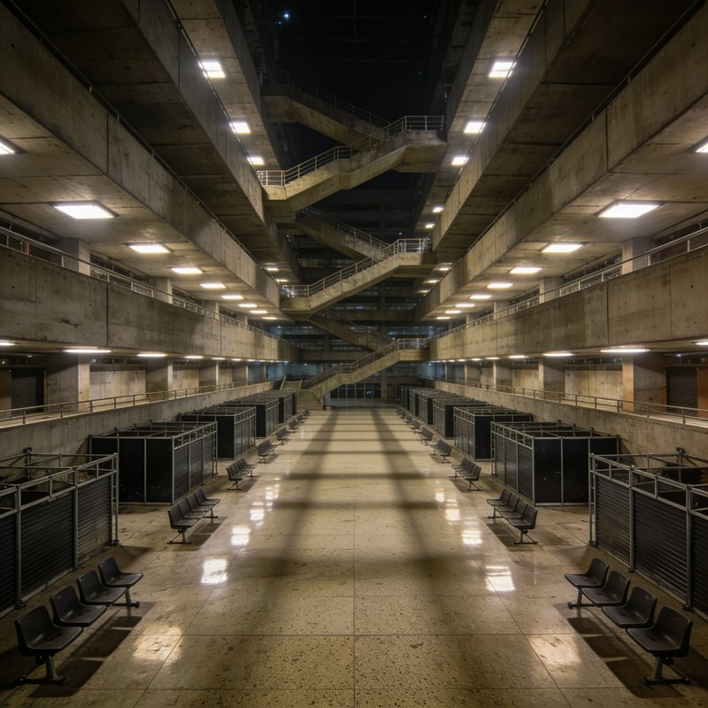 Empty multi-level brutalist concrete atrium with central staircases, empty waiting seats, and ove...